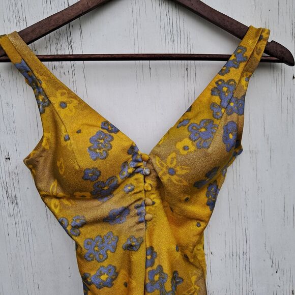 Vintage 50s Jantzen One Piece Swim Suit S M 10 Floral Maillot Mod Pin Up Gold - Picture 2 of 10